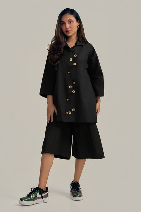 Shop Neetiandmudita Black Cotton Collared Placket Play Shorts Co-ord Set Online at Aza Fashions Shop_Neetiandmudita_Black Cotton Collared Placket Play Shorts Co-ord Set _Online_at_Aza_Fashions