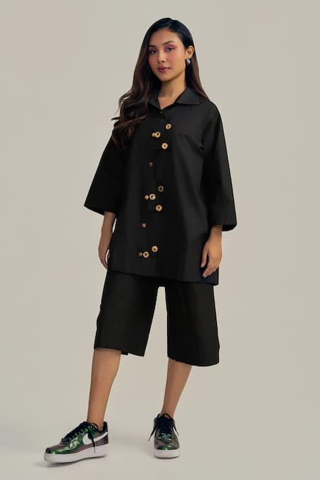 Neetiandmudita Black Cotton Collared Placket Play Shorts Co-ord Set at Aza Fashions Neetiandmudita_Black Cotton Collared Placket Play Shorts Co-ord Set _at_Aza_Fashions