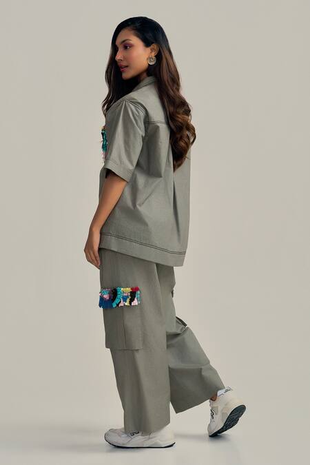 Neetiandmudita_Gray Cotton Sequins Collared Pocket Theory Pant Co-ord Set _Online_at_Aza_Fashions