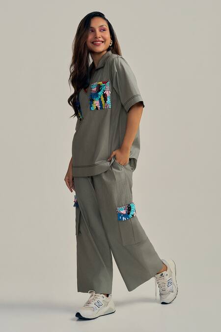 Buy_Neetiandmudita_Gray Cotton Sequins Collared Pocket Theory Pant Co-ord Set _Online_at_Aza_Fashions