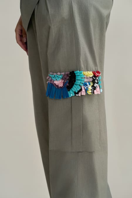 Neetiandmudita_Gray Cotton Sequins Collared Pocket Theory Pant Co-ord Set _at_Aza_Fashions