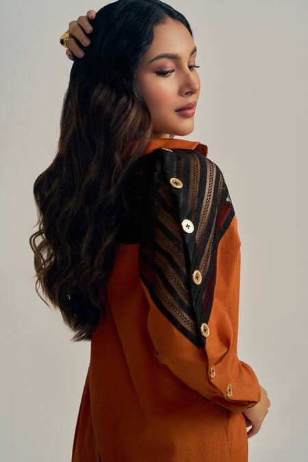 Neetiandmudita Orange Cotton Collared Rust Reverie Shorts Co-ord Set Online at Aza Fashions Neetiandmudita_Orange Cotton Collared Rust Reverie Shorts Co-ord Set _Online_at_Aza_Fashions