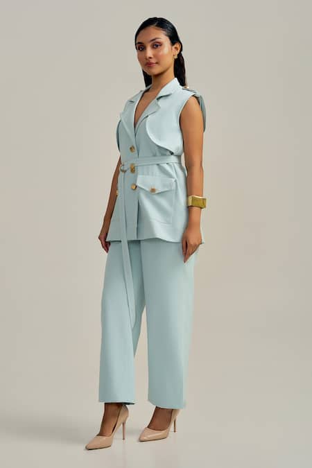Neetiandmudita Turquoise Crepe V-neck Skyline Pant Co-ord Set Online at Aza Fashions Neetiandmudita_Turquoise Crepe V-neck Skyline Pant Co-ord Set _Online_at_Aza_Fashions