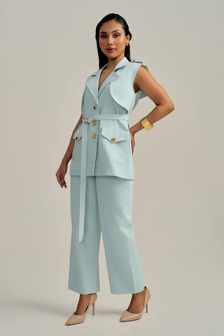 Buy Neetiandmudita Turquoise Crepe V-neck Skyline Pant Co-ord Set Online at Aza Fashions Buy_Neetiandmudita_Turquoise Crepe V-neck Skyline Pant Co-ord Set _Online_at_Aza_Fashions