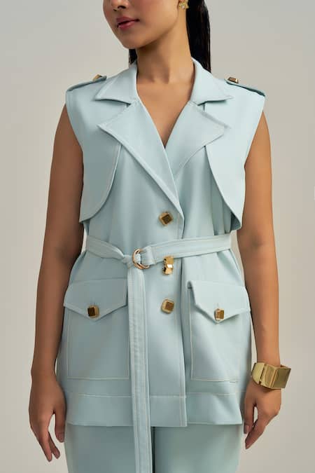 Buy Neetiandmudita Turquoise Crepe V-neck Skyline Pant Co-ord Set Buy_Neetiandmudita_Turquoise Crepe V-neck Skyline Pant Co-ord Set