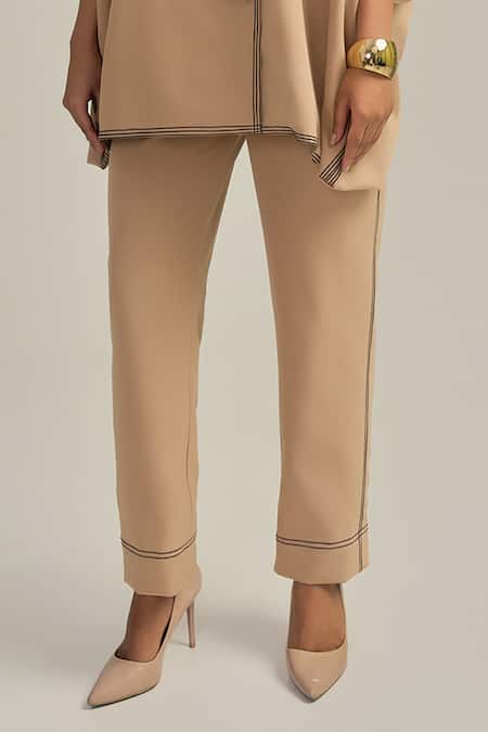 Neetiandmudita Brown Crepe Collared The Tan Stitch Pant Co-ord Set Online at Aza Fashions Neetiandmudita_Brown Crepe Collared The Tan Stitch Pant Co-ord Set _Online_at_Aza_Fashions