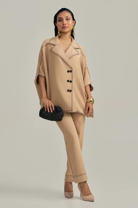 Neetiandmudita The Tan Stitch Pant Co-ord Set 