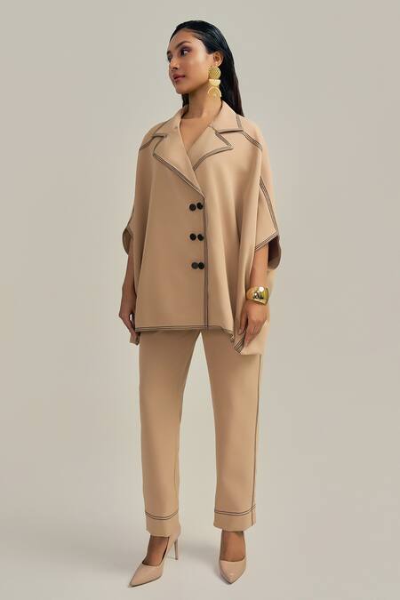 Buy Neetiandmudita Brown Crepe Collared The Tan Stitch Pant Co-ord Set Online at Aza Fashions Buy_Neetiandmudita_Brown Crepe Collared The Tan Stitch Pant Co-ord Set _Online_at_Aza_Fashions