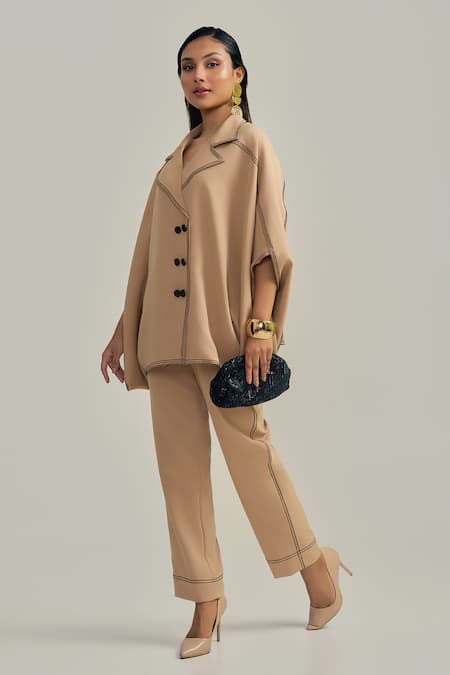 Shop Neetiandmudita Brown Crepe Collared The Tan Stitch Pant Co-ord Set Online at Aza Fashions Shop_Neetiandmudita_Brown Crepe Collared The Tan Stitch Pant Co-ord Set _Online_at_Aza_Fashions