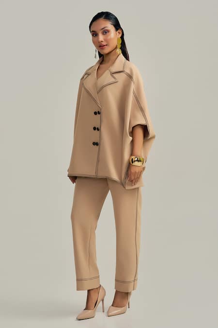 Neetiandmudita Brown Crepe Collared The Tan Stitch Pant Co-ord Set at Aza Fashions Neetiandmudita_Brown Crepe Collared The Tan Stitch Pant Co-ord Set _at_Aza_Fashions