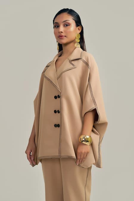 Buy Neetiandmudita Brown Crepe Collared The Tan Stitch Pant Co-ord Set Buy_Neetiandmudita_Brown Crepe Collared The Tan Stitch Pant Co-ord Set