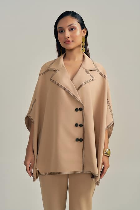 Shop Neetiandmudita Brown Crepe Collared The Tan Stitch Pant Co-ord Set Shop_Neetiandmudita_Brown Crepe Collared The Tan Stitch Pant Co-ord Set