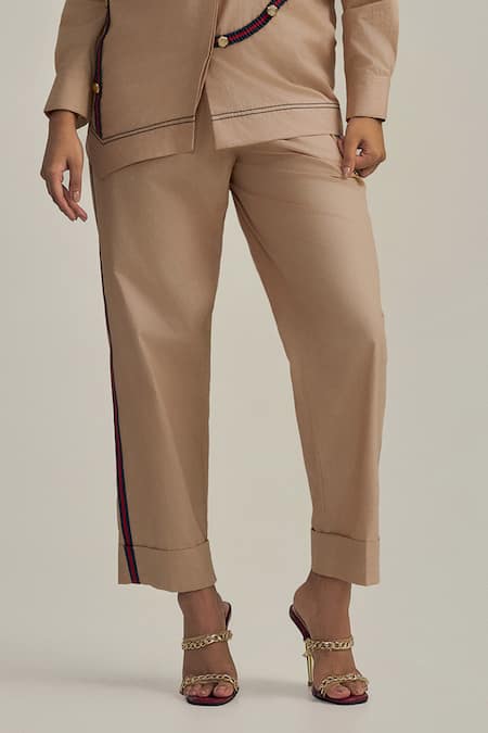 Neetiandmudita Brown Cotton Collared Twill Trim Pant Co-ord Set Online at Aza Fashions Neetiandmudita_Brown Cotton Collared Twill Trim Pant Co-ord Set _Online_at_Aza_Fashions