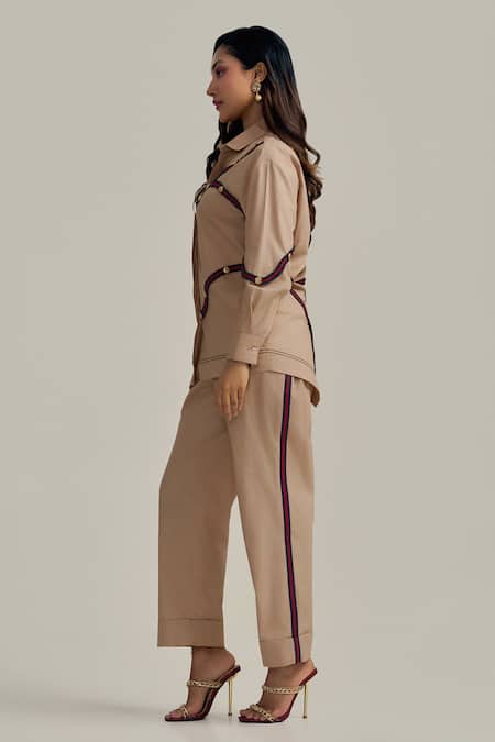 Buy Neetiandmudita Brown Cotton Collared Twill Trim Pant Co-ord Set Online at Aza Fashions Buy_Neetiandmudita_Brown Cotton Collared Twill Trim Pant Co-ord Set _Online_at_Aza_Fashions