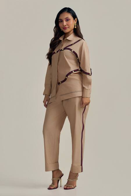 Shop Neetiandmudita Brown Cotton Collared Twill Trim Pant Co-ord Set Online at Aza Fashions Shop_Neetiandmudita_Brown Cotton Collared Twill Trim Pant Co-ord Set _Online_at_Aza_Fashions