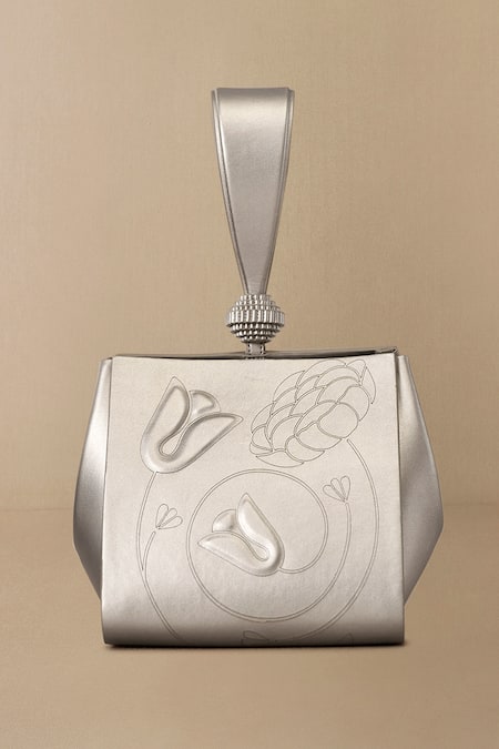 Shop Ampm Silver Embroidery Nuresa Wristlet at Aza Fashions Shop_Ampm_Silver Embroidery Nuresa Wristlet _at_Aza_Fashions