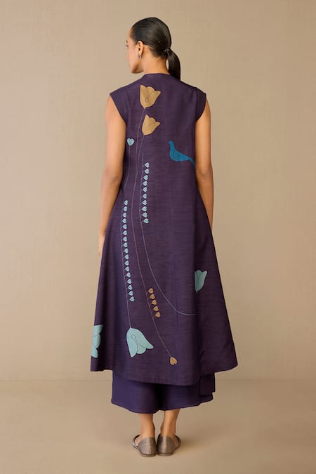 Shop Ampm Purple Silk Embroidery V-neck Zia Jacket Palazzo Set at Aza Fashions Shop_Ampm_Purple Silk Embroidery V-neck Zia Jacket Palazzo Set _at_Aza_Fashions