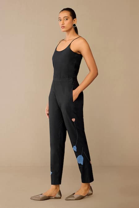 Shop_Ampm_Black Poplin Embroidery Collared, Round Neck Neima Shirt Pant Set _Online_at_Aza_Fashions