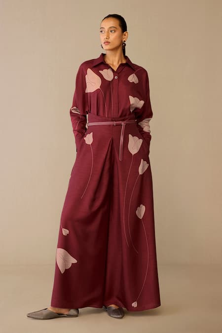 Buy_Ampm_Red Silk Embroidery Collared Odele Shirt Palazzo Set _Online_at_Aza_Fashions