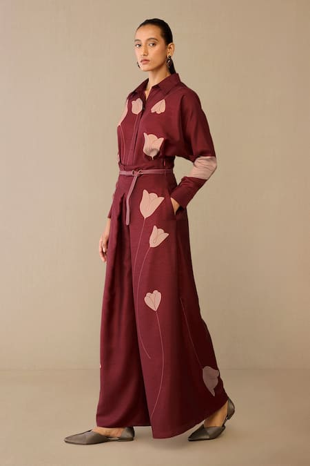 Shop_Ampm_Red Silk Embroidery Collared Odele Shirt Palazzo Set _Online_at_Aza_Fashions