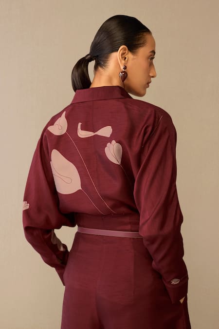 Ampm_Red Silk Embroidery Collared Odele Shirt Palazzo Set _at_Aza_Fashions