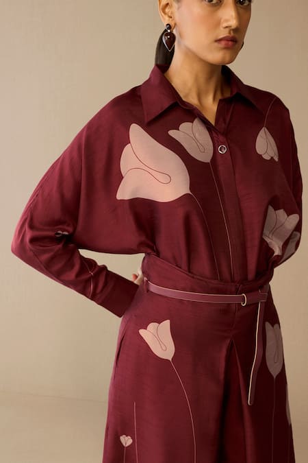 Buy_Ampm_Red Silk Embroidery Collared Odele Shirt Palazzo Set 