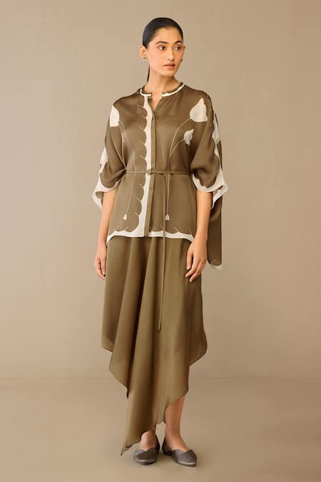 Ampm Taupe Satin, Organza Round Neck Refa Draped Skirt Set Online at Aza Fashions Ampm_Taupe Satin, Organza Round Neck Refa Draped Skirt Set _Online_at_Aza_Fashions