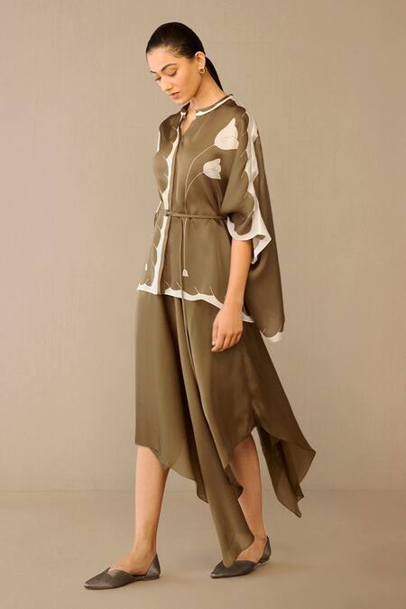 Shop Ampm Taupe Satin, Organza Round Neck Refa Draped Skirt Set Online at Aza Fashions Shop_Ampm_Taupe Satin, Organza Round Neck Refa Draped Skirt Set _Online_at_Aza_Fashions