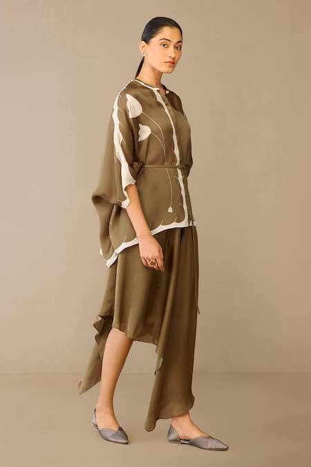 Ampm Taupe Satin, Organza Round Neck Refa Draped Skirt Set at Aza Fashions Ampm_Taupe Satin, Organza Round Neck Refa Draped Skirt Set _at_Aza_Fashions