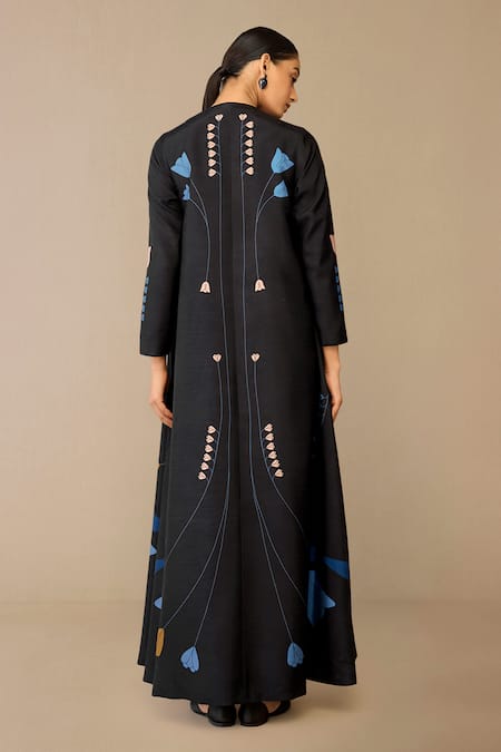 Ampm_Black Silk Embroidery V-neck Fiza Abaya Kurta Set _Online_at_Aza_Fashions