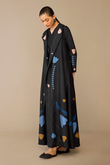 Ampm_Black Silk Embroidery V-neck Fiza Abaya Kurta Set _at_Aza_Fashions