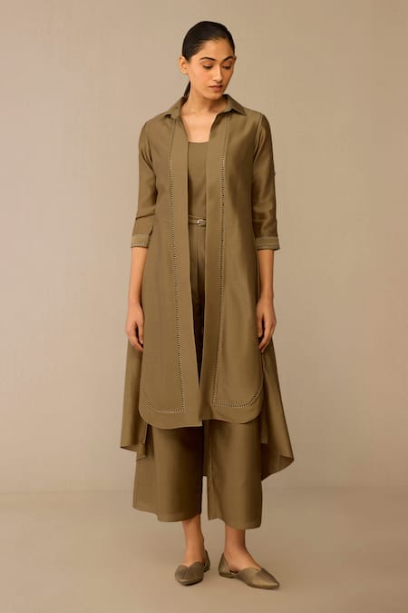 Ampm_Taupe Chanderi Collared, Round Neck Kasra Jacket Kurta Set _Online_at_Aza_Fashions