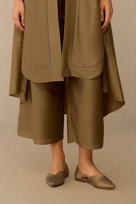 Shop_Ampm_Taupe Chanderi Collared, Round Neck Kasra Jacket Kurta Set _Online_at_Aza_Fashions