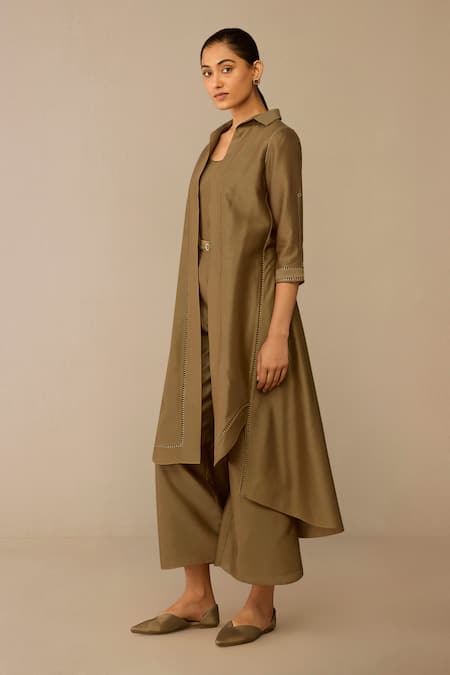 Buy_Ampm_Taupe Chanderi Collared, Round Neck Kasra Jacket Kurta Set 