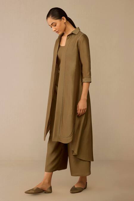 Shop_Ampm_Taupe Chanderi Collared, Round Neck Kasra Jacket Kurta Set 
