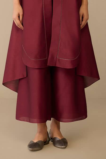 Ampm_Burgundy Chanderi Collared Kasra Jacket Pant Set _Online_at_Aza_Fashions