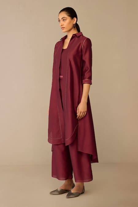 Buy_Ampm_Burgundy Chanderi Collared Kasra Jacket Pant Set _Online_at_Aza_Fashions