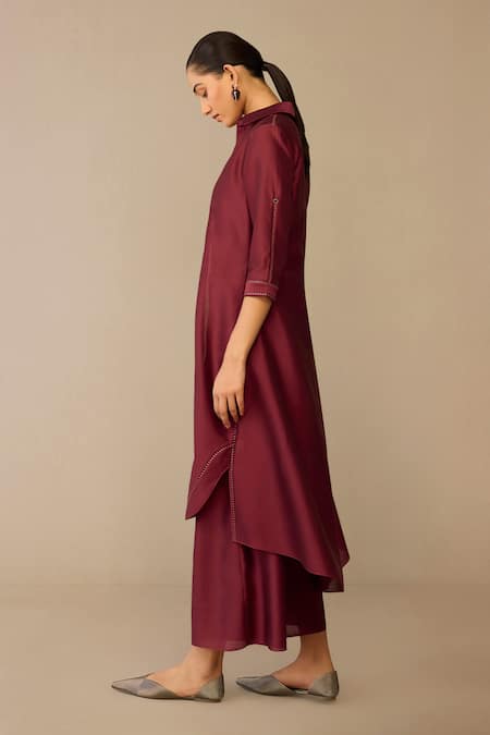 Shop_Ampm_Burgundy Chanderi Collared Kasra Jacket Pant Set _Online_at_Aza_Fashions