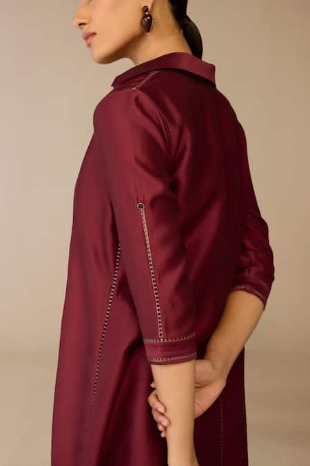 Ampm_Burgundy Chanderi Collared Kasra Jacket Pant Set _at_Aza_Fashions