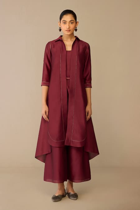 Buy_Ampm_Burgundy Chanderi Collared Kasra Jacket Pant Set 