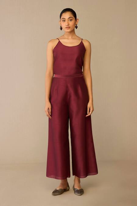 Shop_Ampm_Burgundy Chanderi Collared Kasra Jacket Pant Set 