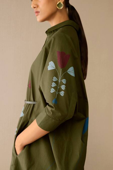 Buy_Ampm_Olive Green Poplin Embroidery Collared Viola Dress _Online_at_Aza_Fashions