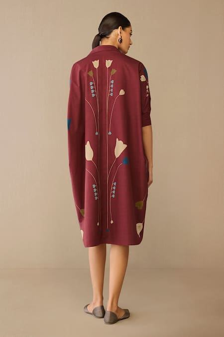 Shop Ampm Red Poplin Embroidery Collared Viola Dress at Aza Fashions Shop_Ampm_Red Poplin Embroidery Collared Viola Dress _at_Aza_Fashions