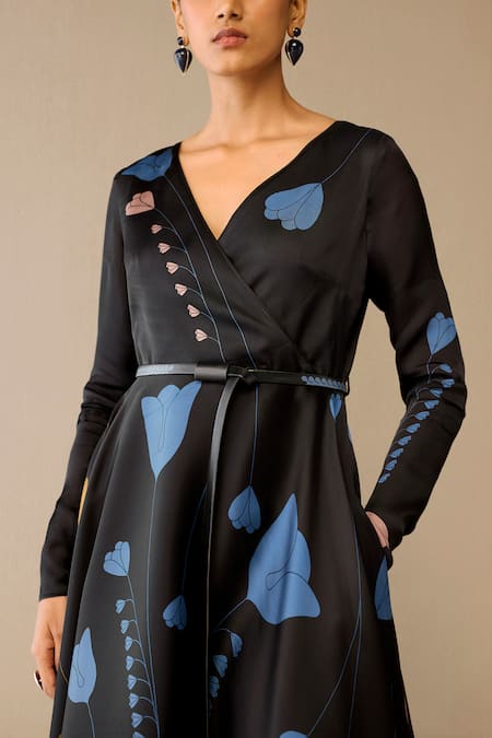 Ampm_Black Satin, Organza V-neck Miraya Dress _Online_at_Aza_Fashions