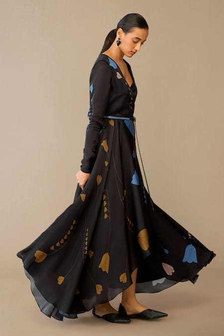 Buy_Ampm_Black Satin, Organza V-neck Miraya Dress _Online_at_Aza_Fashions