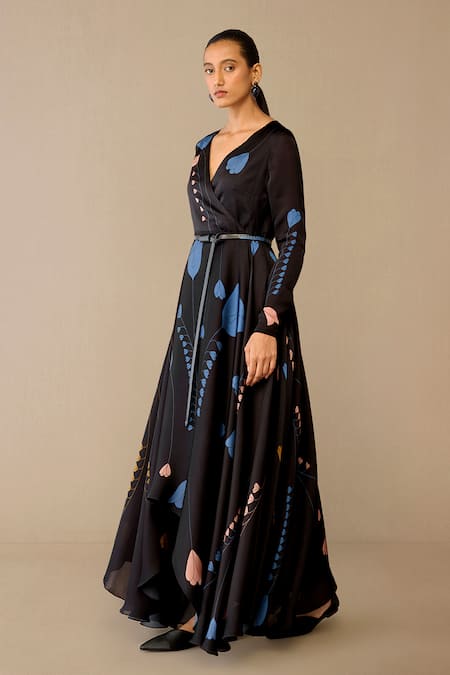Shop_Ampm_Black Satin, Organza V-neck Miraya Dress _Online_at_Aza_Fashions