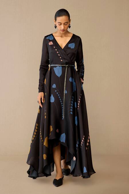 Ampm_Black Satin, Organza V-neck Miraya Dress _at_Aza_Fashions