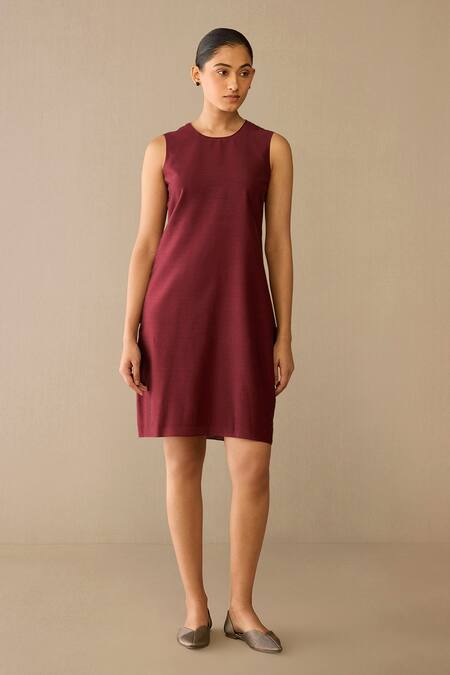 Ampm_Red Chanderi Embroidery Round Neck Atara Dress With Jacket _Online_at_Aza_Fashions