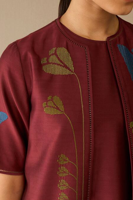 Shop_Ampm_Red Chanderi Embroidery Round Neck Atara Dress With Jacket _Online_at_Aza_Fashions
