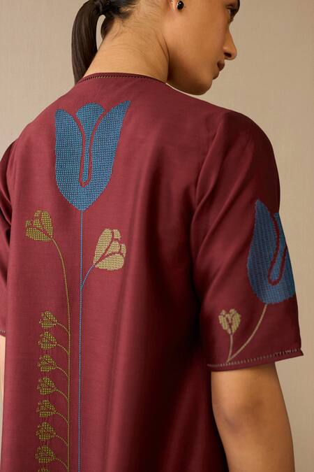 Ampm_Red Chanderi Embroidery Round Neck Atara Dress With Jacket _at_Aza_Fashions